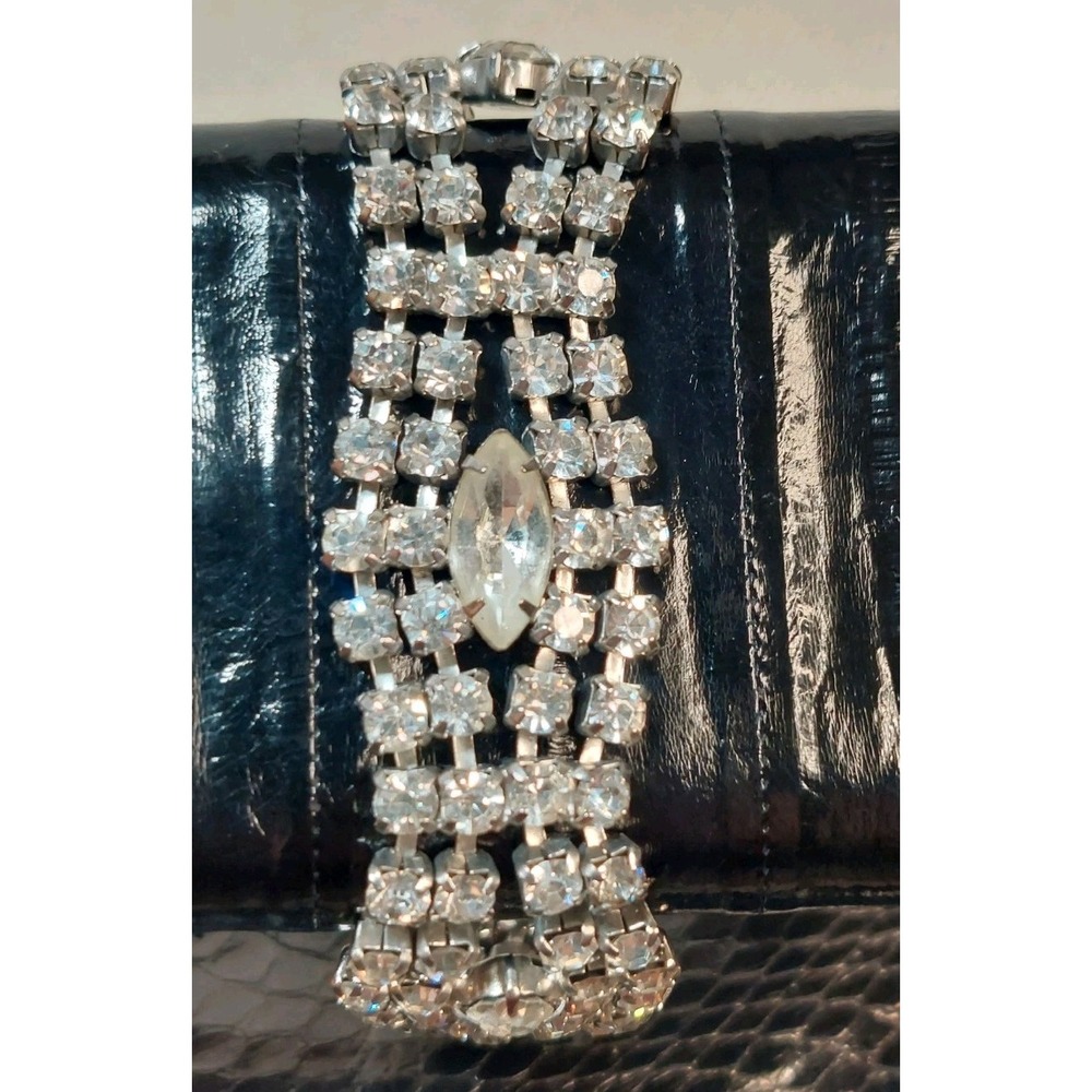 Vintage Wide Clear Rhinestone Crystal Bracelet Art Deco Glam Retro 1950s 1960s